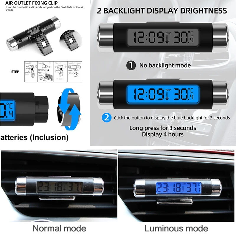 

Портативные автомобильные цифровые часы 2 в 1, 1 шт, ЖК-дисплей и дисплей температуры, электронные часы, термометр, автомобильные аксессуары с синей подсветкой