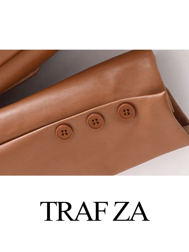 TRAF ZA Women's Fashion Pu Leather Jacket Solid Vintage Long Sleeve Blazer Coats Pocket Casual Loose Chic Female Streetwear