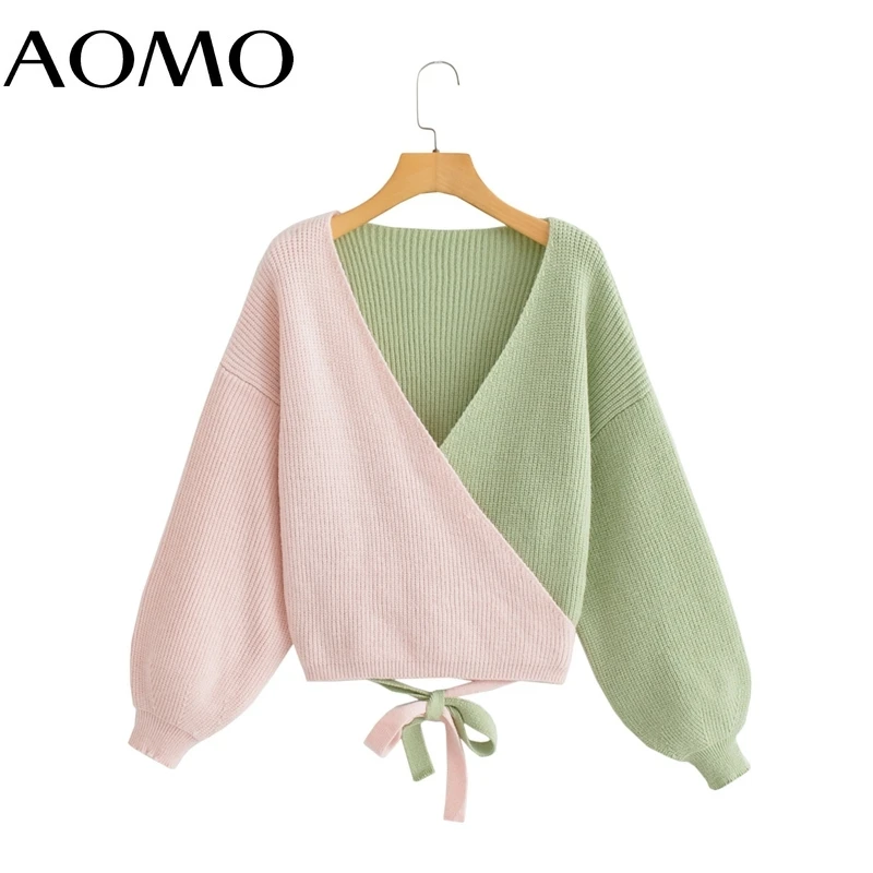 

Женский вязаный кардиган AOMO, зеленый или розовый свитер составного кроя с длинными рукавами, BC30A, для осени и зимы, 2021