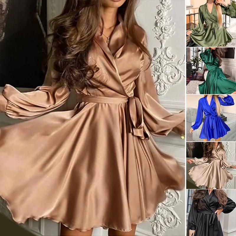 

Women Sexy V-Neck Satin Mini Dress A Line Sashes Party Dress Lantern Sleeve Vintage Elegant Dress