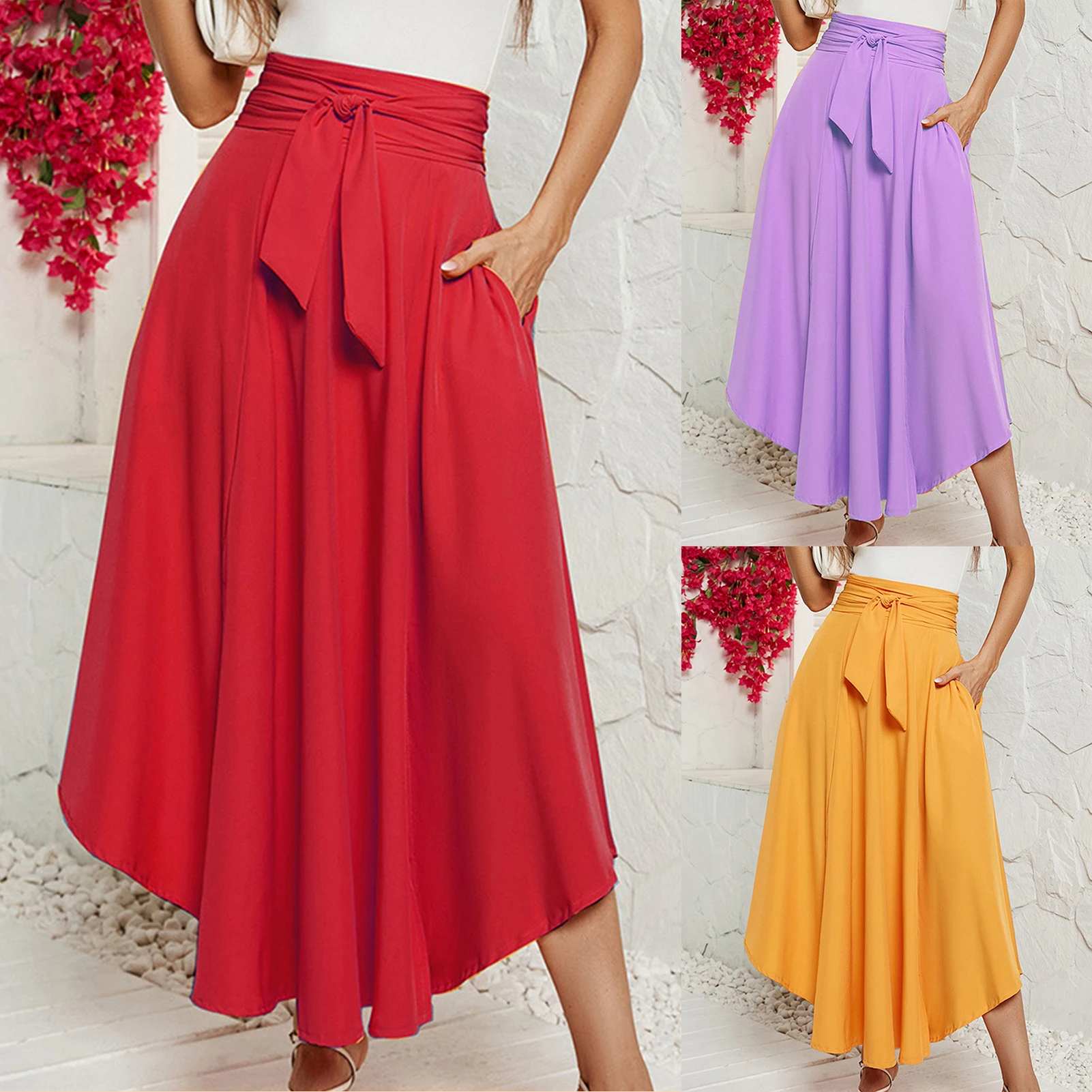 

Maxi Draped Skirt Women Solid Color Long Length Skirts Lace-Up Asymmetrical Elastic Slimming Elegant Breathable Vacation Outing
