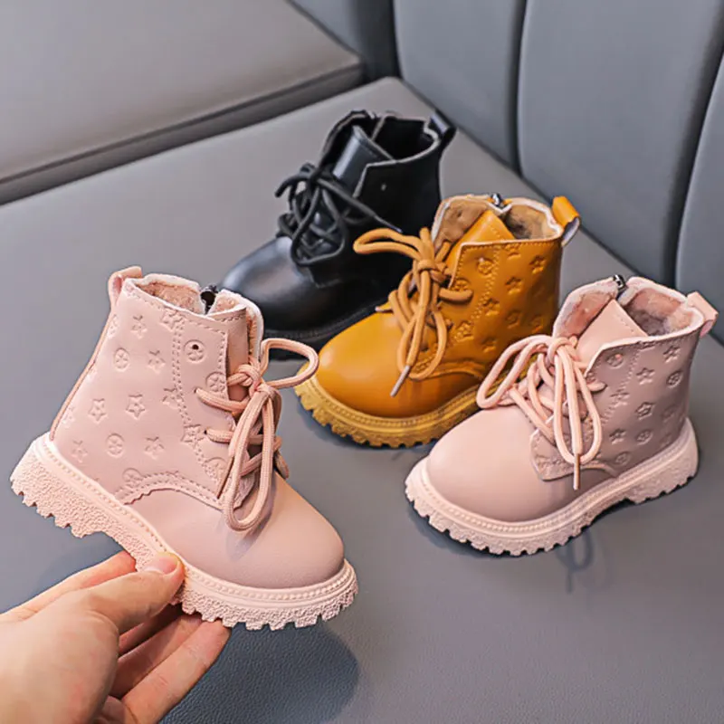 Fashion Print Children Boots Winter Plush Ankle boots Warm Soft Bottom Leather Shoes for Toddler Baby Girls Non-slip Kids Shoes