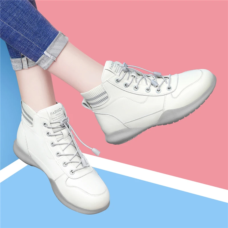 Кроссовки женские из натуральной кожи высокие без шнуровки повседневная обувь