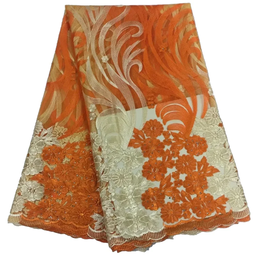 

5 ярдов вышивка, французская Тюлевая кружевная ткань с камнями, оранжевая 2023, Высококачественная африканская кружевная ткань, нигерийская свадебная ткань для невесты
