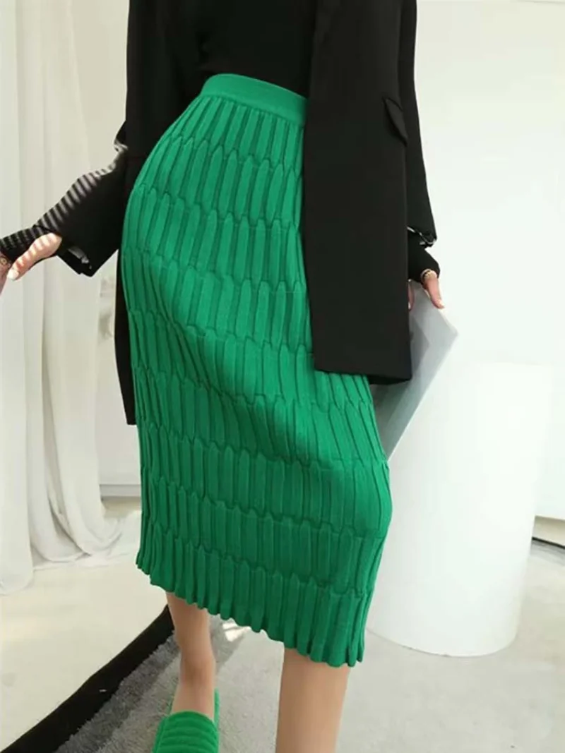 

Elegant Women's Skirts Green Knitted High Waist Spring Autumn Casual Slim Strech Long Skirt Fashion Faldas Mujer Moda 2022 Jupe