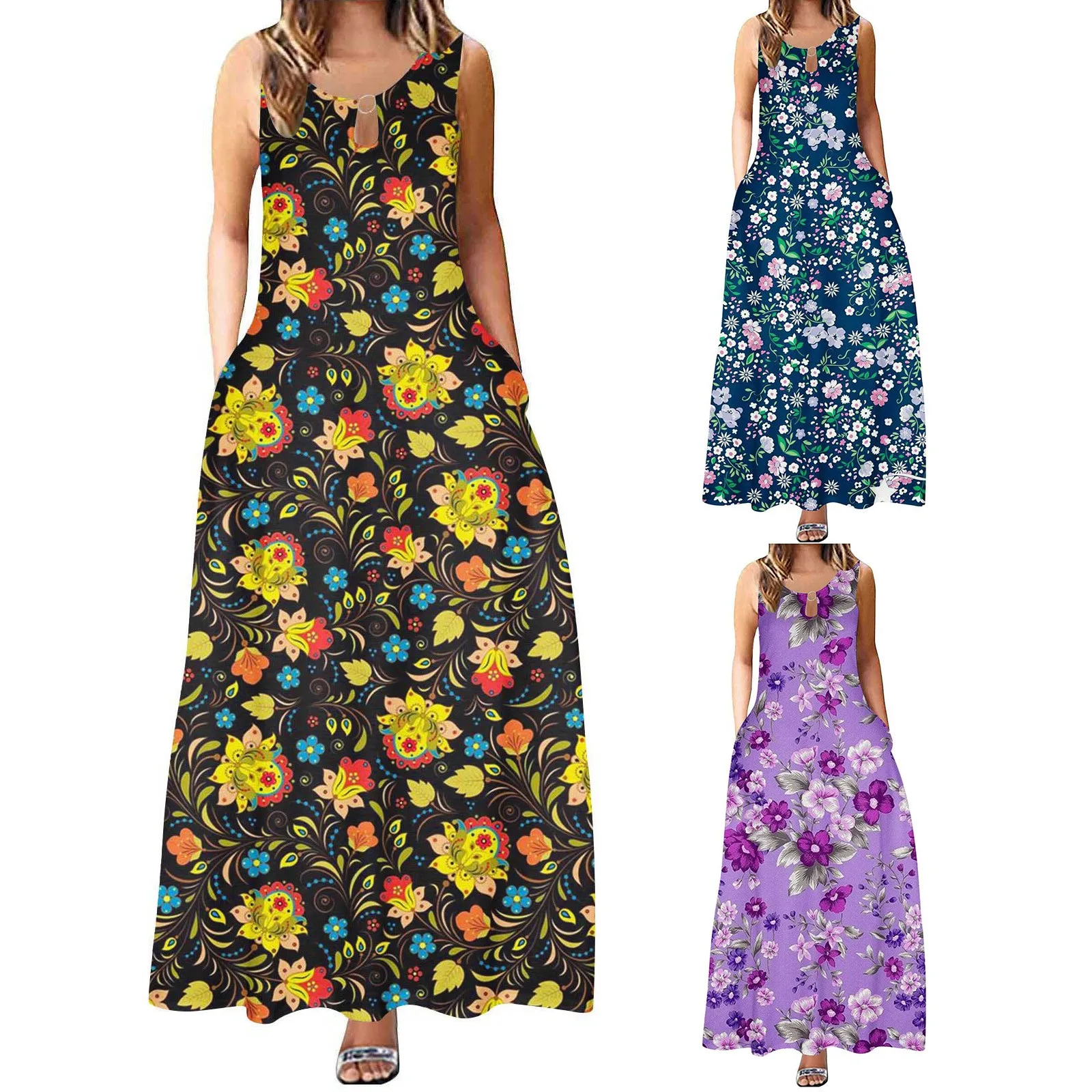 Вечерние платья женское летнее платье без рукавов с цветочным принтом и круглым