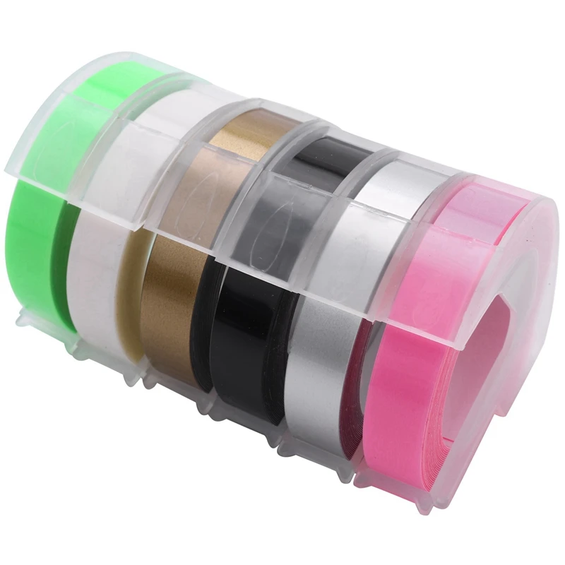 

6 Roll Embossing Label Maker Tape 3D Plastic 9Mm X 3Meter Embossing Label Tape White On Black/ Clear/ Silver/ Gold/Fluorescent P