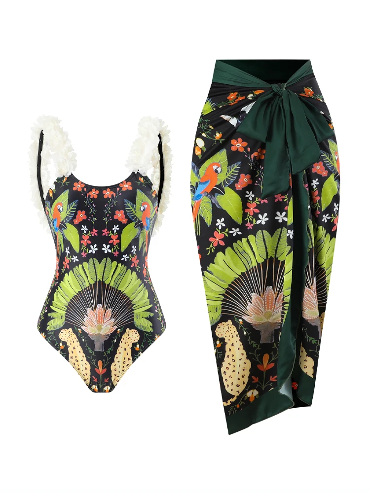 Модные цветы с женским купальником 2024 Бразилия Ретро - зеленый принт купальный