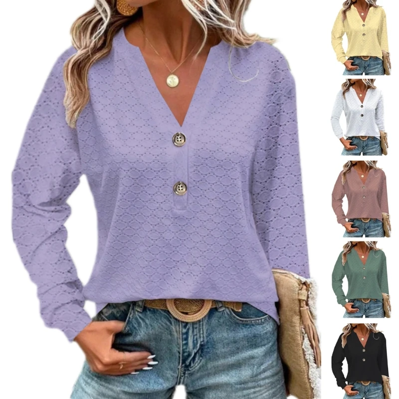 

Trendy and Fashionable Buttoned Jacquard V Neck Shirts Casual Blouses Long Sleeve Women's Top P8DB