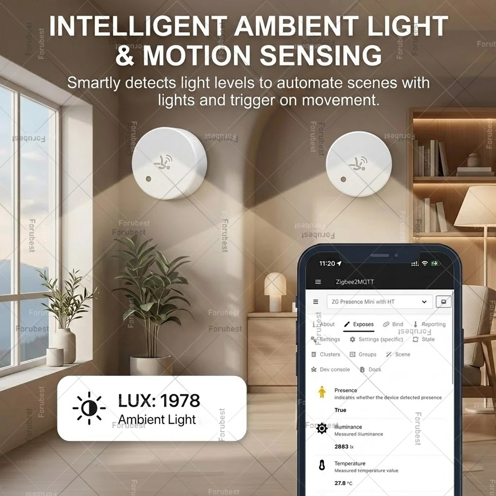 Фото Датчик присутствия человека Zigbee 24G с радаром миллиметрового диапазона частот (Mmwave) для определения движения/статического присутствия, освещенности, температуры и влажности, совместимый с Tuya/Z2MQTT Home Assistant №5