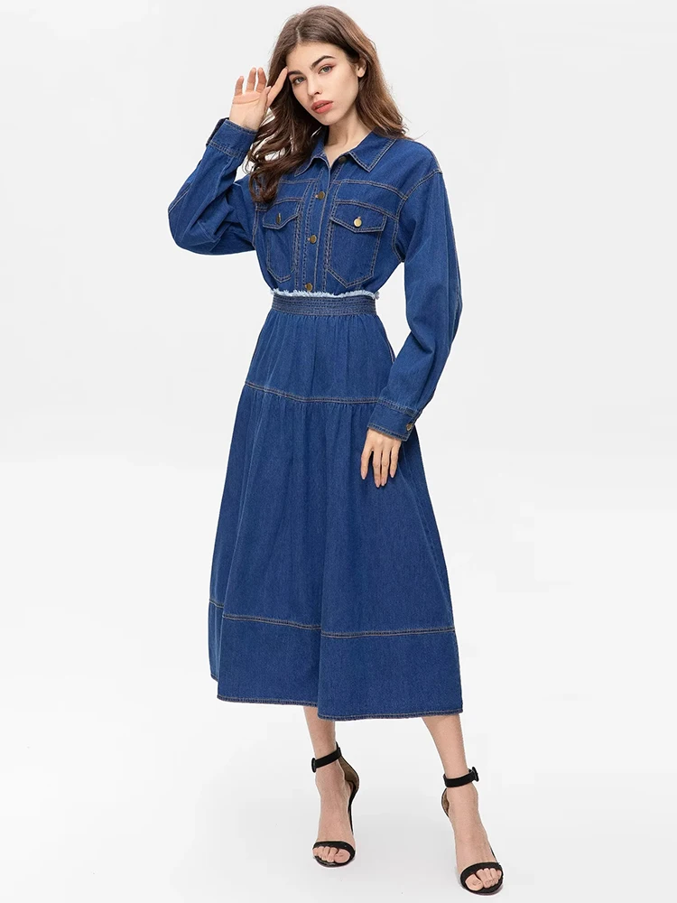 

Женский джинсовый костюм MoaaYina, комплект из двух предметов, однобортный джинсовый пиджак с отложным воротником и юбка на весну