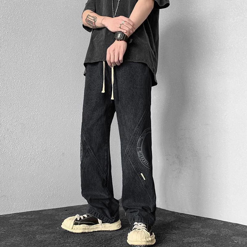 DEEPTOWN Loose Straight Jeans Men Streetwear Hip Hop Denim Pants Casual Black Blue Trousers Male Vintage Printed Korean Spring