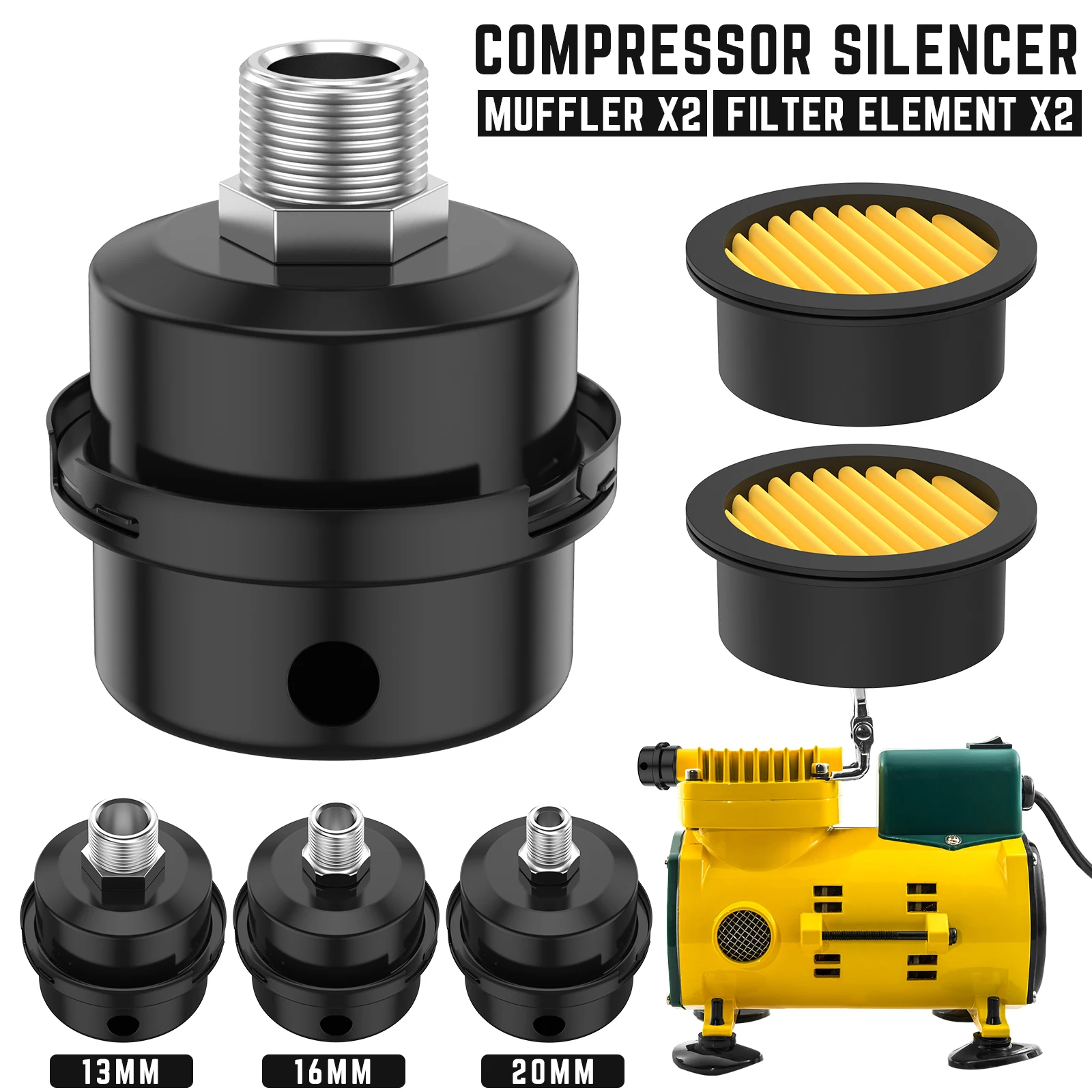 Silencer Sturdy Metal Air Compressor Intake Filter Sound Muffler With 2 Filter Cartridge Air Compressor