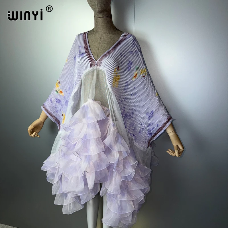 Фото Женское плиссированное макси-платье WINYI для вечеринок, с асимметричным дизайном и эффектом помятости, свободного кроя, сексуальное вечернее платье-пончо/халат №2