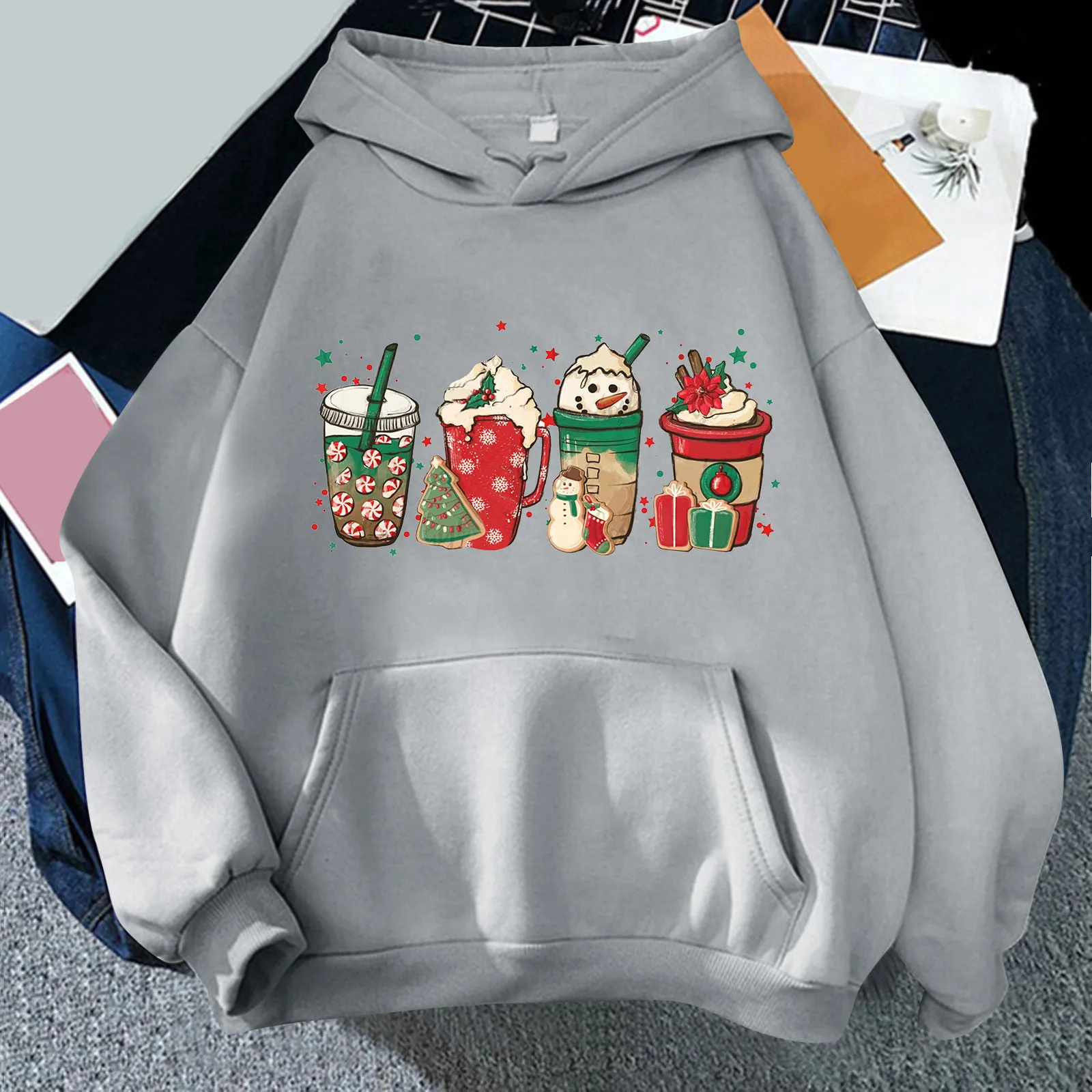 

Худи женское повседневное на пуговицах, милый свитшот с принтом чашек, худи с длинным рукавом и принтом, пуловер, длинный Рождественский топ