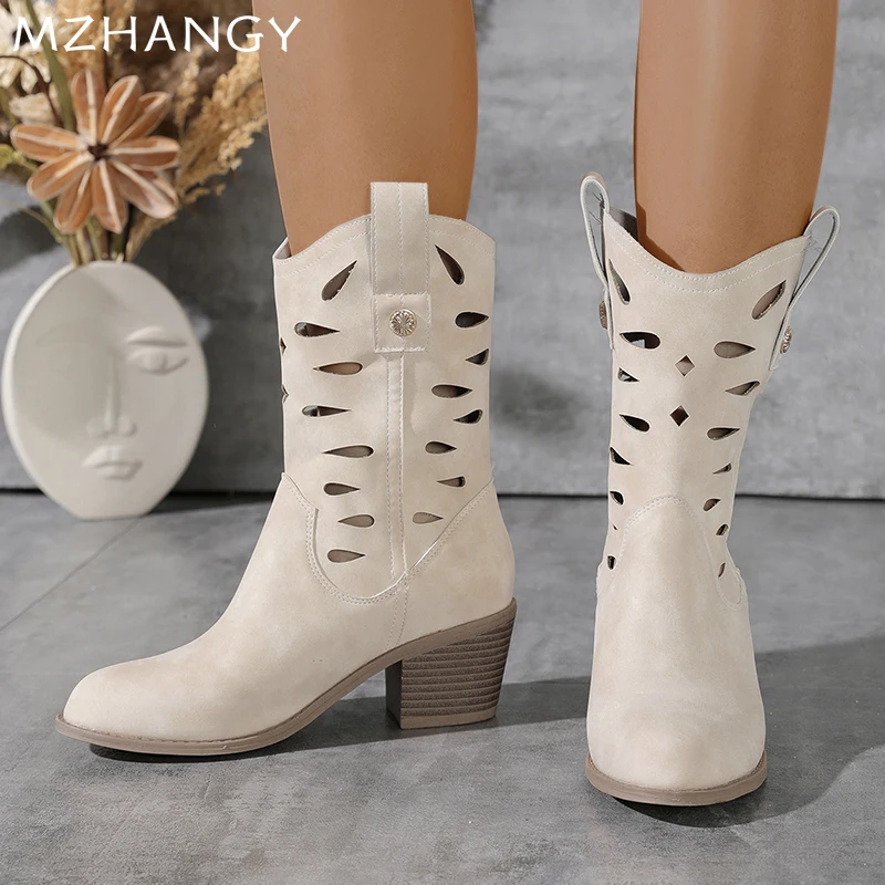 Женские кожаные полые зимние ботинки на среднем каблуке туфли до середины икры