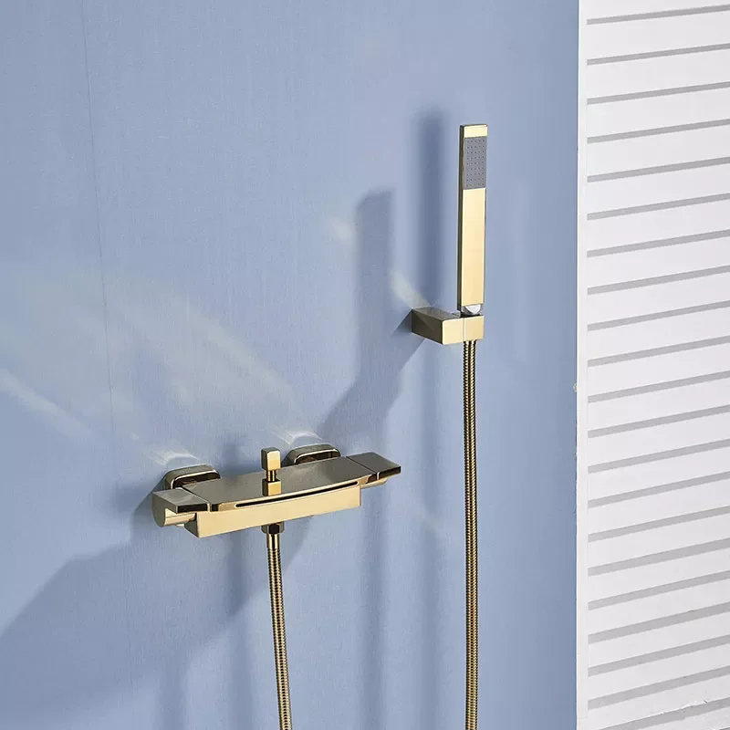 

Gold Bathroom Tub Faucet Single Handle Waterfall Spout Hot Cold Mixer Shower Wall Mounted Brass Faucet Plastic Handheld