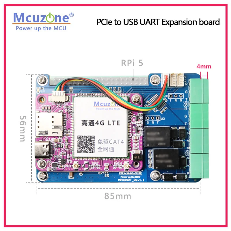 MPUUART Raspberry Pi 5 PCIe — USB UART HAT RS485 ISO RS232 USB2.0 модель 4G LTE