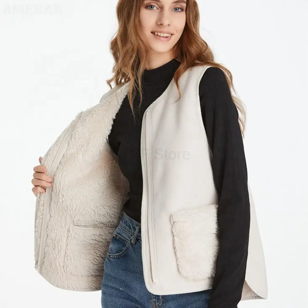 Women Winter Real Fur Zipper Vest Pure Color o-neck Warm Adult Coat Real Fur Dual Pocket Thermal Fashion Women Sweaters 2022