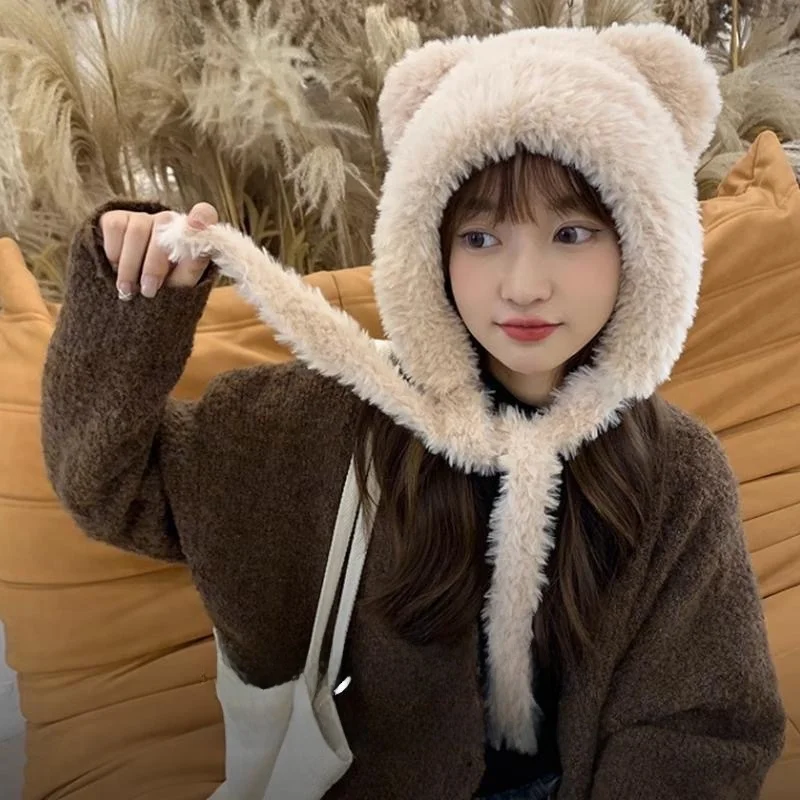 Плюшевый чепчик с милым медведем детская зимняя толстая теплая шапка флисовой