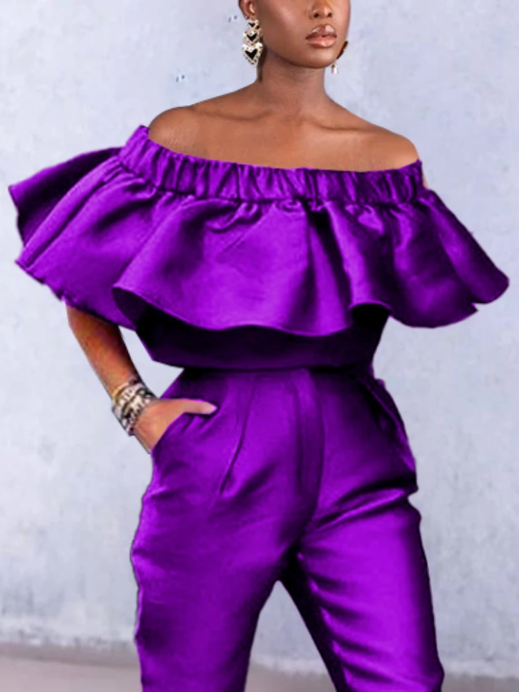 

AOMEI Shiny Blouses Off Shoulder Tops Women Slash Neck Purple Ruffles High Street Summer Evening Cocktial Stylish Shirts Bluas