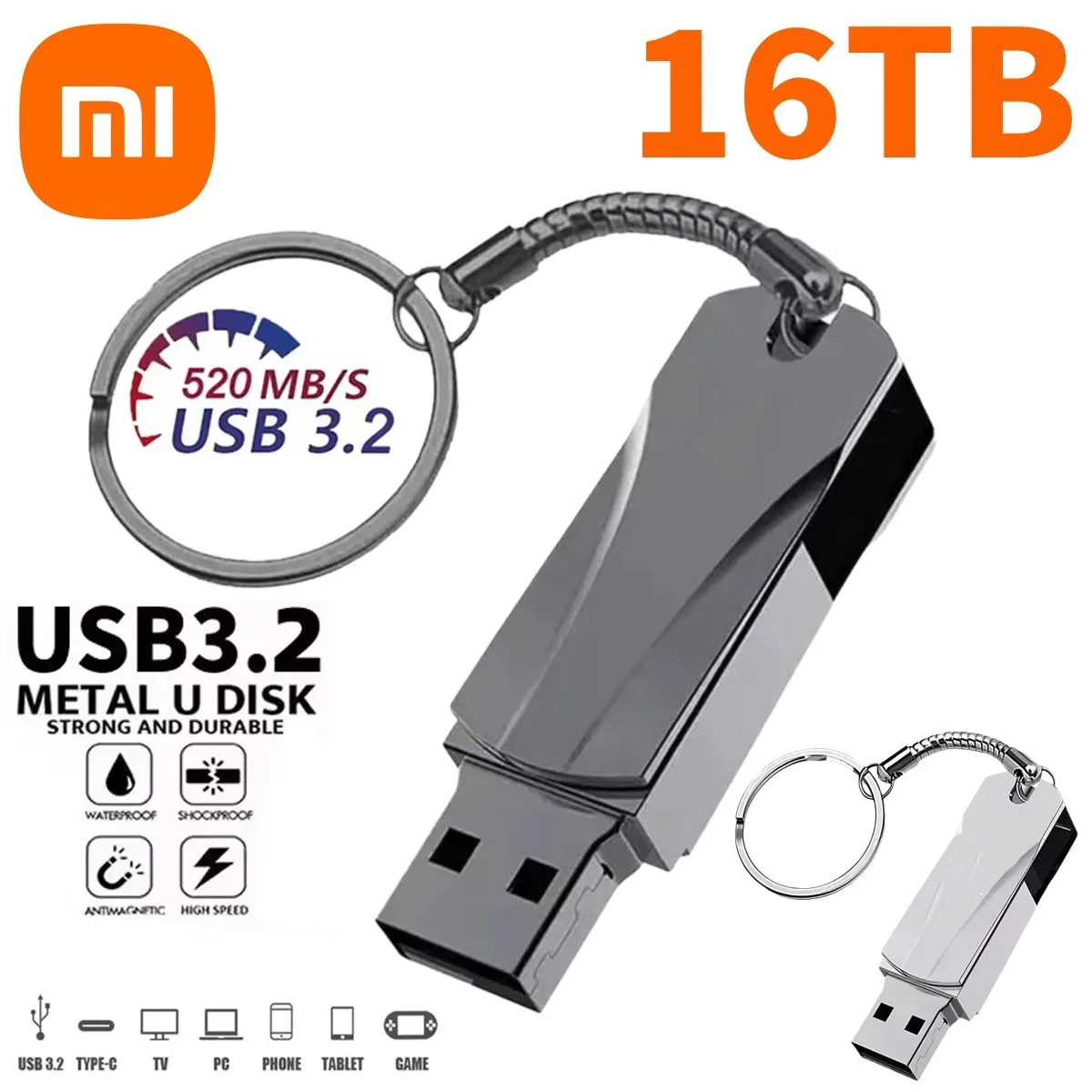 Фото Xiaomi 16 ТБ USB-накопитель Сверхбольшая емкость Водонепроницаемый USB 3.2 Высокоскоростная передача Металлический U-диск 8 ТБ 4 ГБ USB-накопитель №1