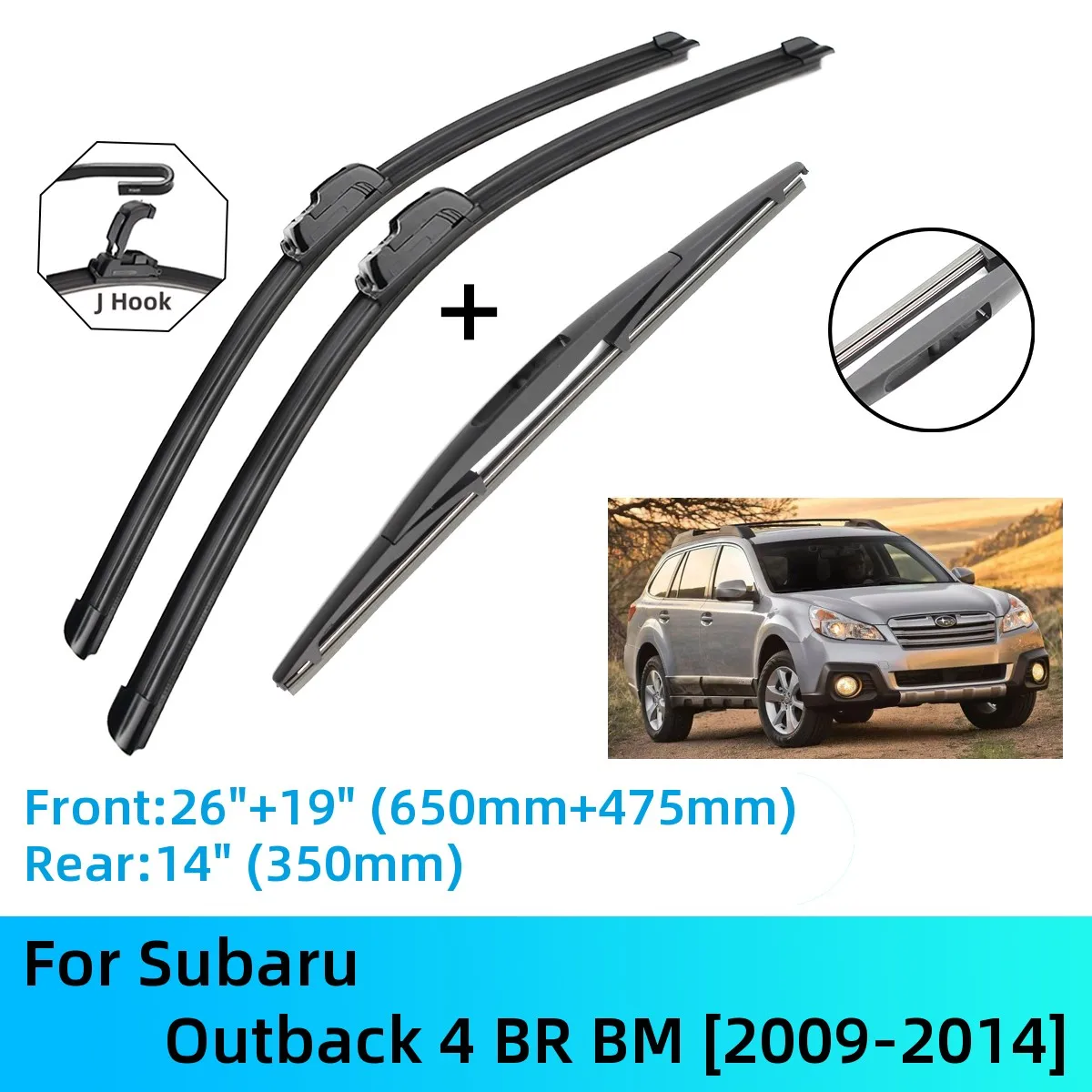 For Subaru Outback 4 BR BM Front Rear Wiper Blades Brushes Cutter Accessories J U Hook 2009-2014 2009 2010 2011 2012 2013 2014