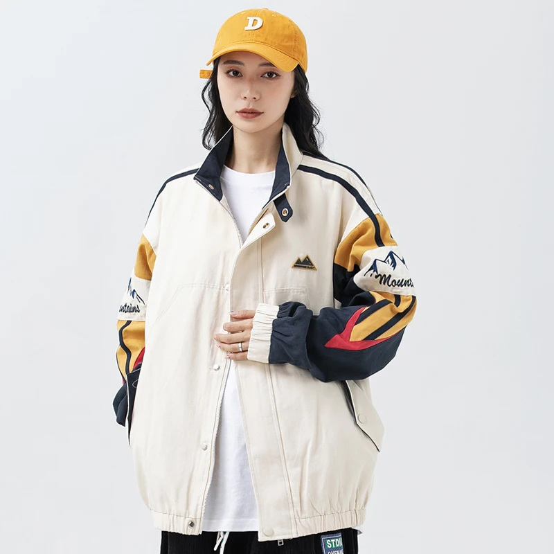 

Colorful Collar Loose Jacket American New Men‘sautumn Baseball Stand Unisex Patchwork Harajuku Coat Uniform Punching Streetwear