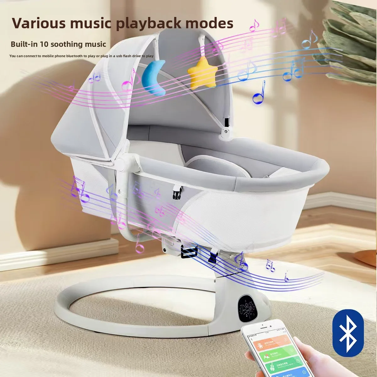 Фото Качалка-качалка lectric Baby Bassinet, многофункциональное спальное место для новорожденных с плоской откидной спинкой, автоматическая детская колыбелька с музыкой и вибрацией №2