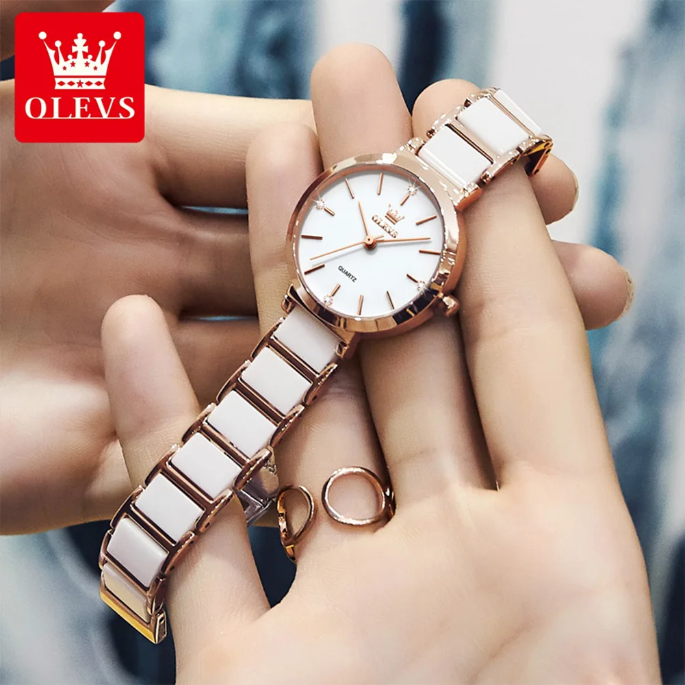 OLEVS Waterproof Women Quartz Wristwatches High Quality 2023 Japanese Movement White Ceramics Strap Fashion Watch for Women 5877