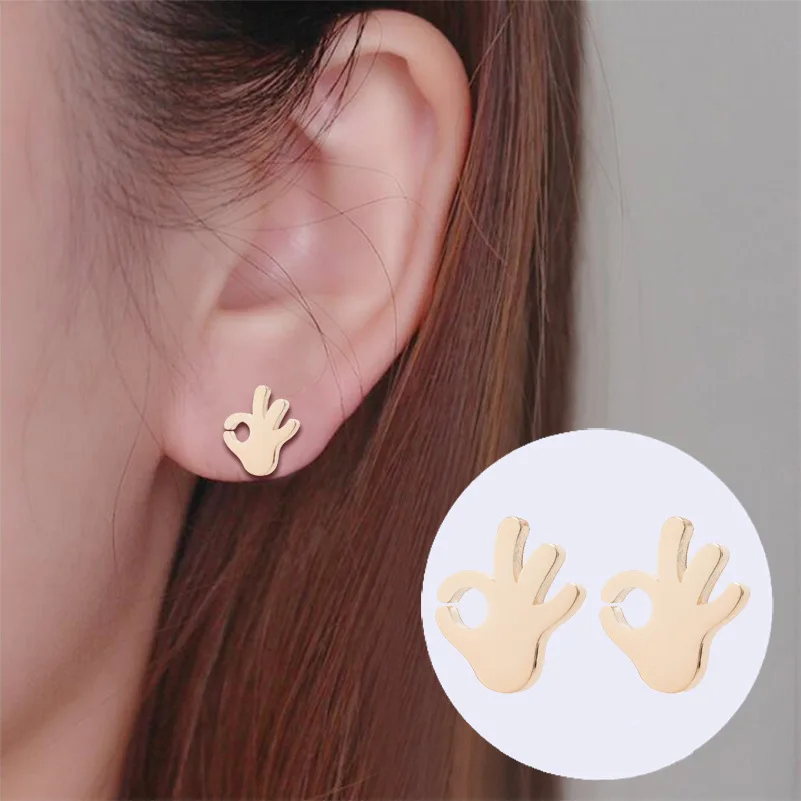 

Personality Stainless Steel ok Gesture Earrings Small And Simple Fashion Small Exquisite Earrings Palm Ear Stud Girl's Gifts