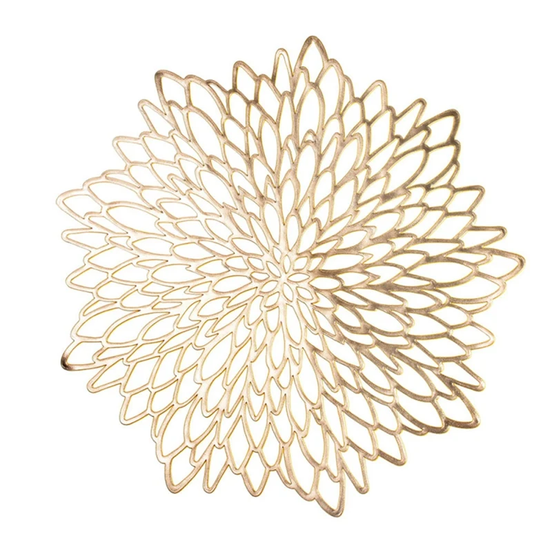 6PCS 4PCS PVC Placemats Silver Gold Metallic for Dining Table Hollow Coasters Pads Bowl Mats Vinyl Leaf Dining Table Decor