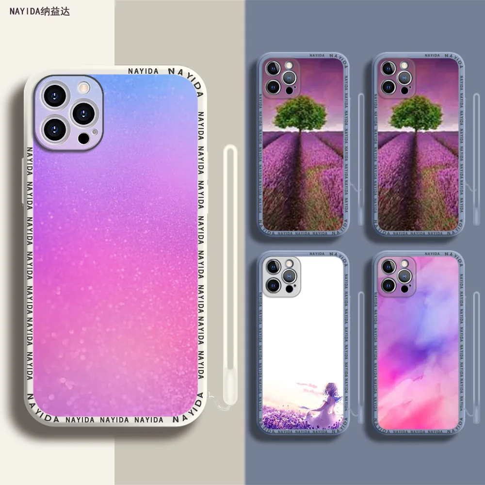 

Soft Silicone Phone Case For iPhone 14 13 11 12 Mini Pro Max XS XR X Blue Lanyard Cover Luxury Lavender