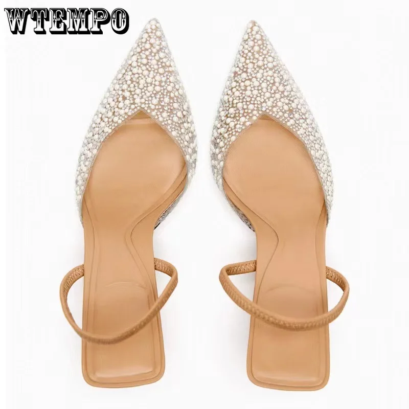 WTEMPO Women Pointed Head High Heeled Sandals Summer Sexy Shoes Fashion Pearl Decoration Slingback Pumps Wholesale Dropshipping