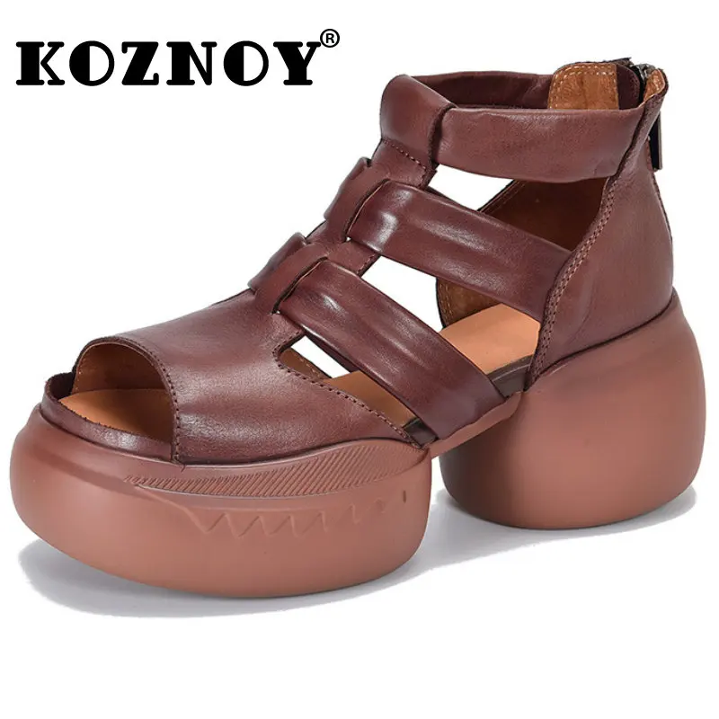 

Koznoy 6cm Women Mid Calf Boots Ankle Motorcycle Boots Cow Genuine Leather Peep Toe Summer Hollow Moccasins Zipper Sandals Shoes