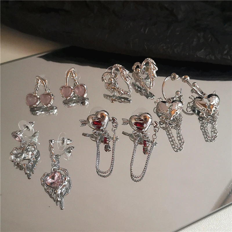 

New Goth Y2K Silver Color Metal Heart Cupid Angel Wings Pendant Earrings For Women Egirl Korean Fashion Grunge Aesthetic Jewelry