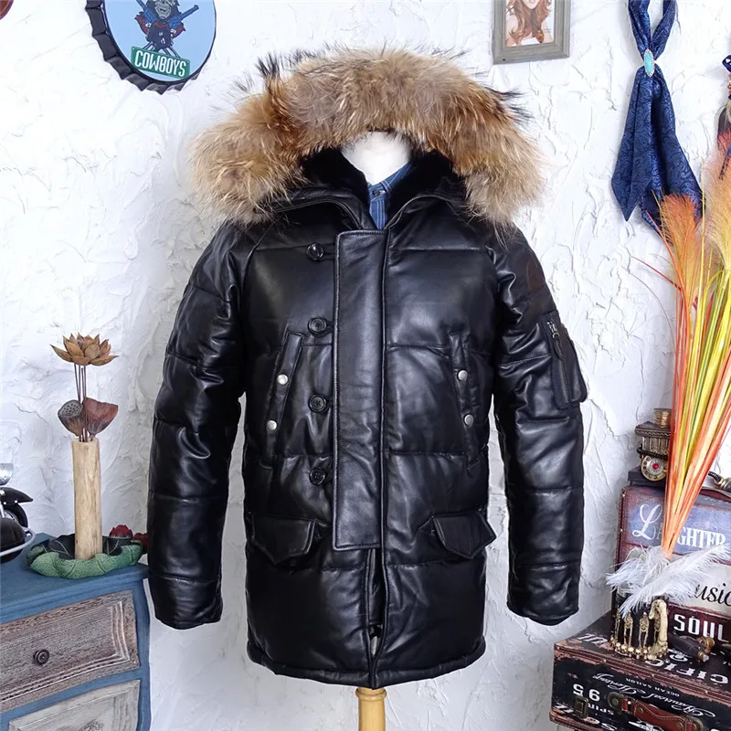 

Sheepskin leather Down jacket classic warm and cold resistant raccoon fur collar white duck down multi pocket medium and long