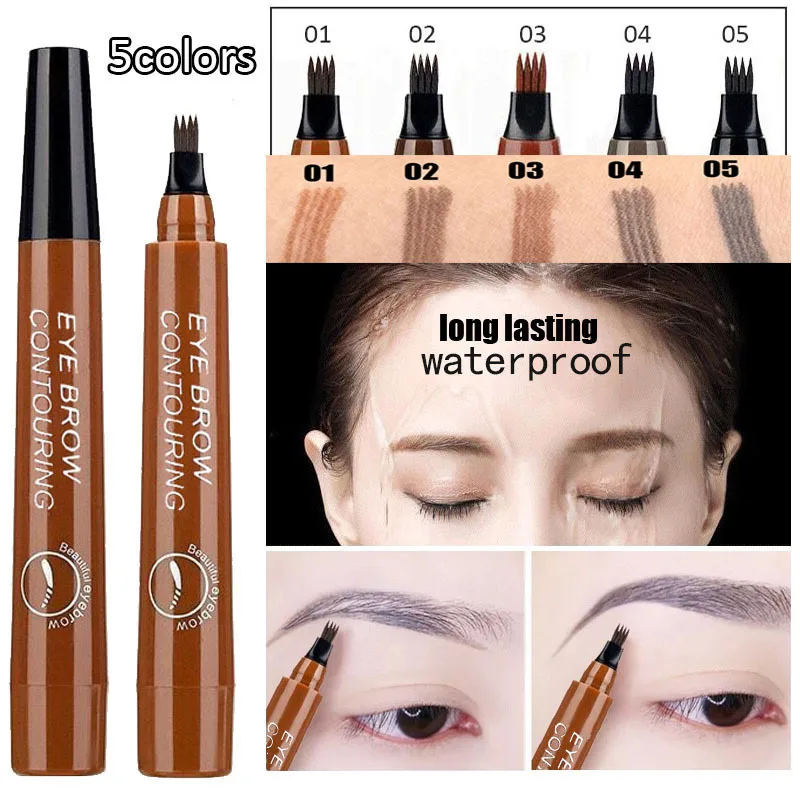 

NEW 5Colors 4Heads Waterproof Eyebrow Pencil Pen Tint Cosmetic Natural Long Lasting Eyeliner Eyebrow Tattoo Gray Brown Makeup