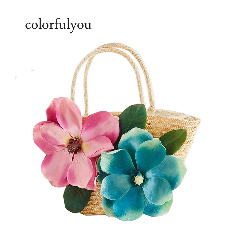 

Larger Capacity Straw Bags for Women Luxury Handbag Handmade Woven Beach Bag Travel Women's Flowers Handbags Bolsa Feminia