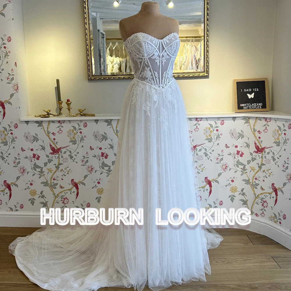 

HERBURN Corset Fairyable Wedding Dresses Sweetheart Buttons Pleated Tulle Appliques Chapel Train Vestidos De Novia Custom Made