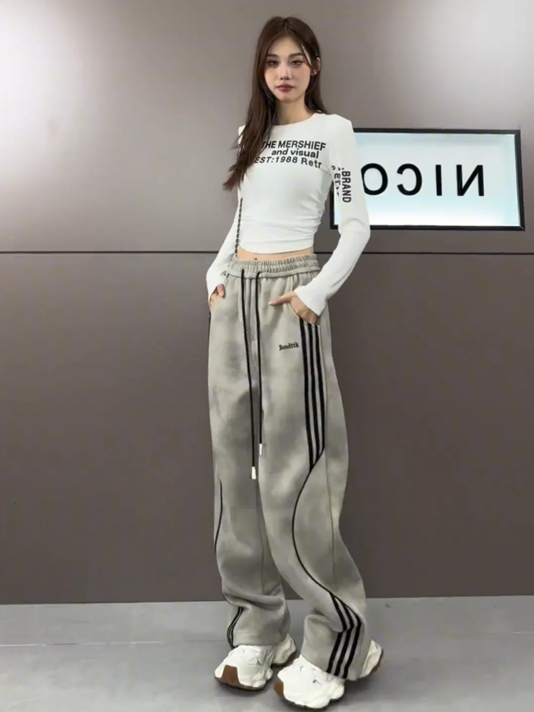 Plus Size Gray-green Tie-dye Heavy Industry Contrast Color Bars Fleece-lined Wide Leg Pants Women Autumn and Winter New Ameri...