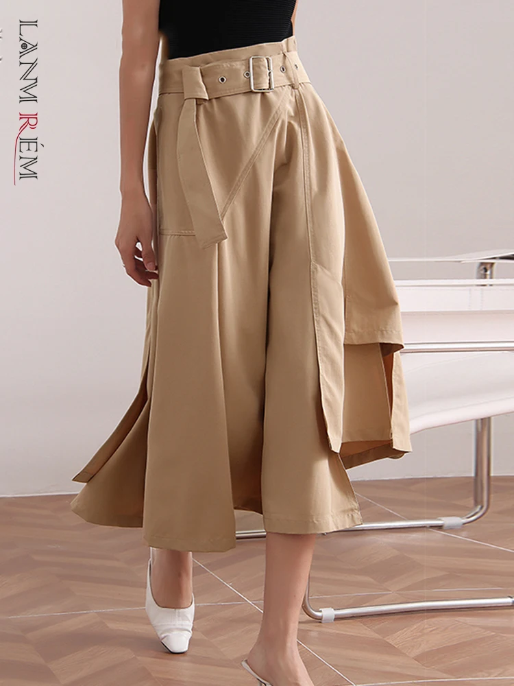 

LANMREM Khaki Asymmetrical Patchwork Skirt For Women Casual Solid Color A-line High Waist Skirts Fashion 2022 Summer 2N317