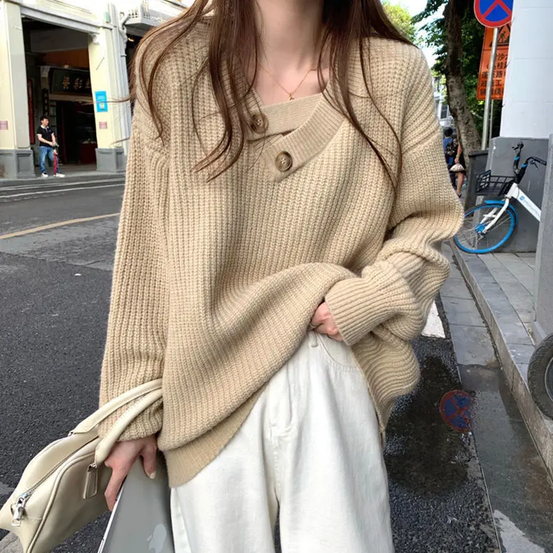 

South Korea Dongdaemun V-neck Sweater Women's Autumn and Winter Slouchy Style Coat Celebrity Versatile Loose Knitwear Fashion