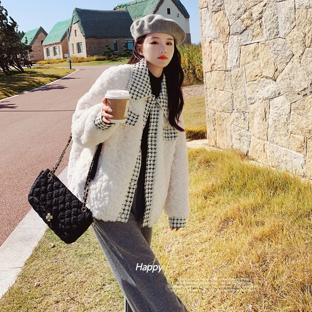 CHECK PATTERN SHORT LAMB WOOL COAT Autumn Winter