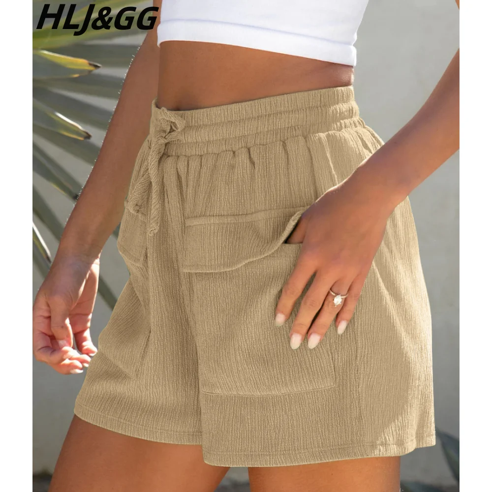 HLJ&GG Casual Sporty Shorts Women High Waisted Drawstring Loose Shorts Summer Solid Color with Pocket Bottoms Female Streetwear