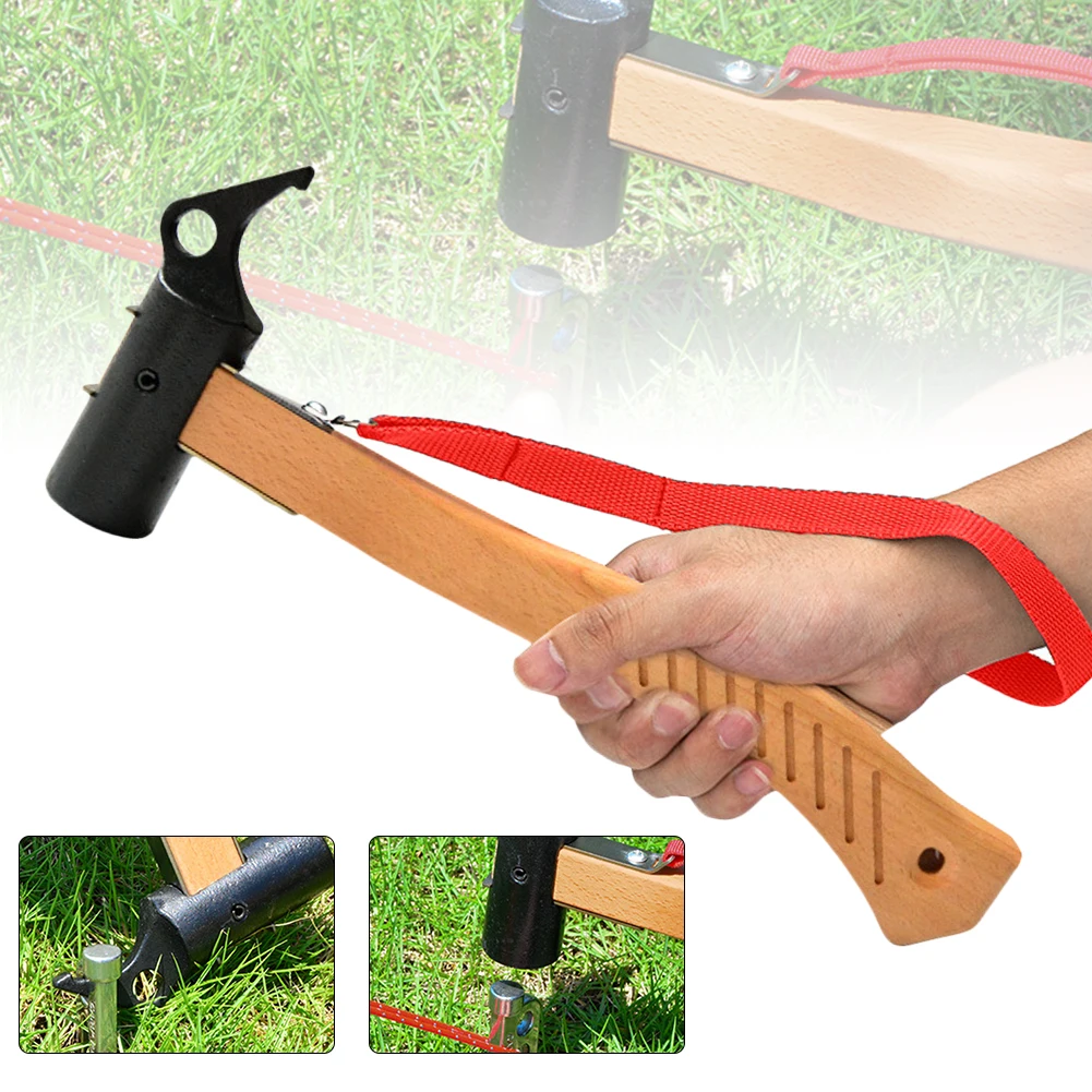 

New Tent Hammer Outdoor Camping Cast Iron Tent Stake Hammer Wooden Handle with Peg Remover Tether for Backpacking Hiking Fishing