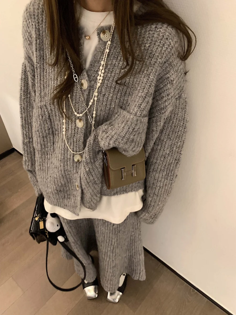 Свободный вязаный костюм женский зимний кардиган 2024 свитер эластичный шерстяной