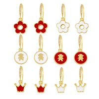 vintage copper zircon flower crown ear studs accessories for women white cz gold plated enamel drop earrings gifts girls jewelry
