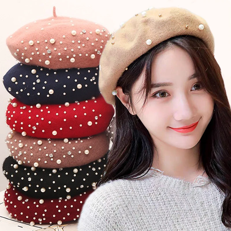 

2023 Vintage Pearl Berets Caps for Women Cashmere Autumn Winter Retro French Artist Flat Beret Hat Elegant Solid Color Wool Hats