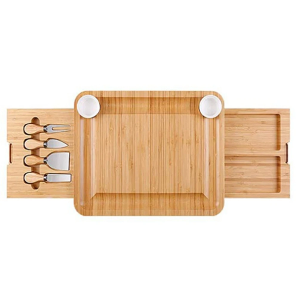 

Natural Bamboo Cheese Board and Knife Set with Cheese Tools Cheese Plate Cheese Board Chopping Board with Four Knives
